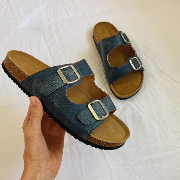 Double Strap Faux Denim Slip On Sandals - Picture 6 of 7